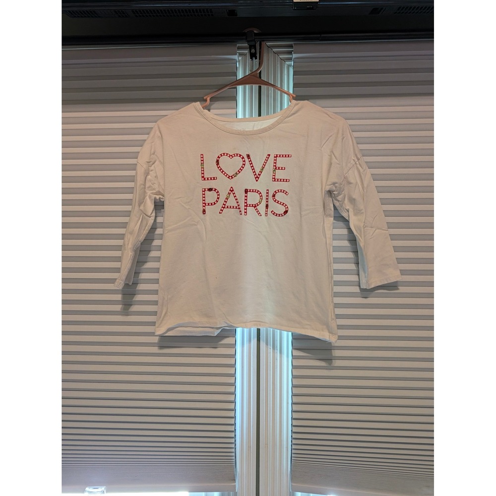 Childrens Place Girls White Love Paris Glitter Graphic Long Sleeve Tee XL 14